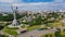 Aerial top view of Kiev Motherland statue monument on hills from above and cityscape, Kyiv, Ukraine