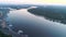 Aerial top view of Kyiv from above, cityscape of Podol district on sunset, skyline of city of Kiev, Ukraine