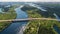 Aerial top view of Kyiv cityscape and parks, Dnieper river, Truchaniv island and bridges from above, Kiev city skyline, Ukraine