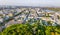 Aerial top view of Kyiv cityscape, Podol historical district skyline from above, city of Kiev