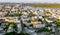 Aerial top view of Kyiv cityscape, Podol historical district skyline from above, city of Kiev