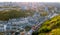 Aerial top view of Kyiv cityscape of Vozdvizhenka and Podol historical districts on sunset from above, Kiev, Ukraine