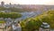 Aerial top view of Kyiv cityscape of Vozdvizhenka and Podol historical districts on sunset from above, Kiev, Ukraine