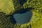 Aerial top view of Lagoa Seca on Ilha do Pico Island, a volcanic caldeira crater in the Planalto da achada central plateau