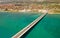 Aerial top view of a long bridge above a sea, island Ciovo in Croatia