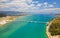 Aerial top view of a long bridge above a sea, island Ciovo in Croatia