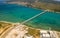 Aerial top view of a long bridge above a sea, island Ciovo in Croatia