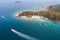 Aerial top view. Marine tour boat in the sea in island. summer beach and sea travel concept. Island public place. for advertising