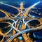 Aerial top view of multilevel junction ring road as seen on road motorway interchange with car