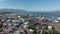 Aerial top view of old harbor near Reykjavik city centre and downtown neighborhood. Birds eye panoramic view of Iceland