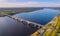 Aerial top view panorama city Perm and central embankment of Kama river Russia, sunset drone photo