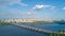 Aerial top view of Paton bridge and Dnieper river from above, Kiev, Ukraine