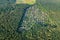 Aerial top view of residential area summer houses in forest from above, countryside real estate and dacha village in Ukraine