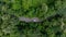 Aerial top view of road in green tree forest, Top view from drone of rural road, mountains, forest. Beautiful landscape with