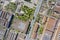 Aerial top view of roofs of industrial buildings. suburb industrial zone