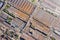 Aerial top view of rusty roofs of industrial buildings