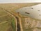 Aerial top view of Rye Harbour Nature Reserve in East Sussex, UK, England, in Autumn