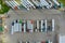 Aerial top view semi truck with cargo trailer car parking of truck dock