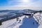 Aerial top view Sheregesh ski lift resort winter, landscape mountain and hotels, Russia Kemerovo region