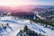 Aerial top view Sheregesh ski lift resort winter, landscape mountain and hotels, Russia Kemerovo region
