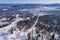 Aerial top view Sheregesh ski lift resort winter, landscape mountain and hotels, Russia Kemerovo region