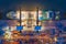 Aerial top view of ship containers at shipping port for international import or export logistics or transportation business