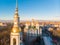 Aerial top view to St. Nicholas Naval Sea Cathedral in sunny day. Panorama of evening historical city center. Orthodox