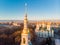 Aerial top view to St. Nicholas Naval Sea Cathedral in sunny day. Panorama of evening historical city center. Orthodox