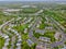 Aerial top view of urban landscape roofs of neighborhood with houses