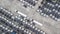 Aerial top view of white cargo trailer parking, trailer line up