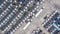 Aerial top view of white cargo trailer parking, trailer line up