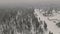 Aerial top view winter panoramic landscape with snowy forest in heavy snowfall