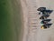 Aerial of a traditional fisher boats on a sand beach. Ukraine, Azov sea