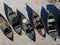 Aerial of a traditional fisher boats on a sand beach. Ukraine, Azov sea