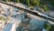 Aerial of transportation carriages loaded with minerals from granite quarry