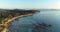 Aerial Tropical Beach Scenery Rocky Chain View. Paradise Lagoon Mountain Coastline Palm Tree Horizon