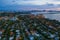 Aerial twilight photo Miami view of hospital neighborhood and bay