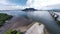 aerial ultra-wide panoramic view on the concrete highway bridge across the coastline.