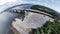 aerial ultra-wide panoramic view on the concrete highway bridge across the coastline.