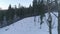 AERIAL. Unveiling shot surounded by trees in cold winter forest in Naujoji Vilnia on snowy Rokantsikiu the castle`s site hill