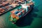 Aerial veaw a Large container ship is leaving the port full loaded with containers and cargo. Generative AI