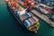 Aerial veaw a Large container ship is leaving the port full loaded with containers and cargo. Generative AI