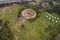 Aerial video of bull fight rodeo . Traditional rodeo ring.