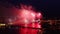 The aerial video the huge and beautiful show fireworks over the Neva River water area on annual celebration of a