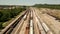 Aerial video industrial cargo train on tracks Etowah Tennessee
