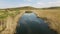 Aerial video of a lake with reed at low altitude.