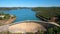 Aerial video shooting. Reservoir, dam bravura, drinking water supplies from a bird`s eye view. Portugal, Algarve