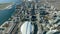 Aerial video view of Harbourfront-City Place with modernbuildings the Rogers Centre and traffic moving on highway