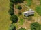 Aerial view of a 12th century Norman church St Mary's Stainburn in North Yorkshire