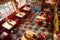 aerial view of a 1950s diner interior with checkerboard floor